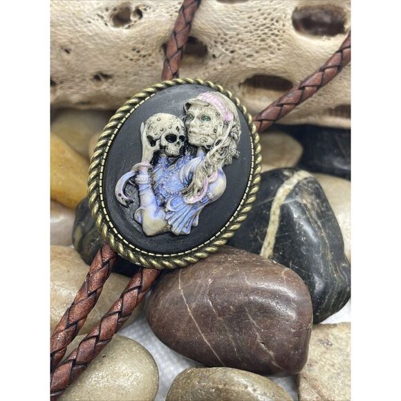Valentine Til Death Do Us Part Sugar Skull Mexican Bolo Tie Skeleton Mens Women - Picture 11 of 15